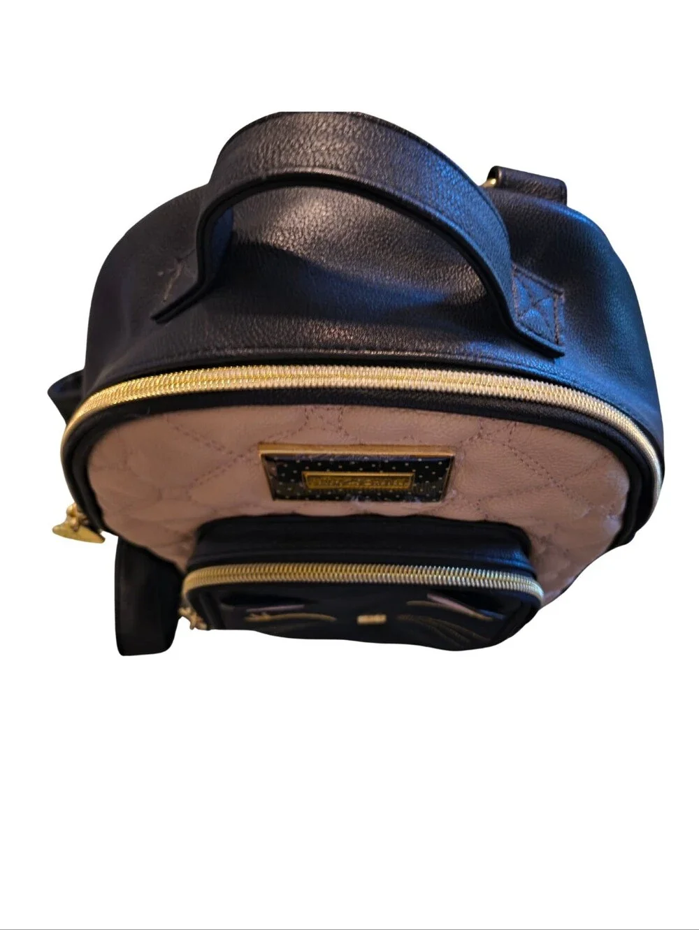 Betsey Johnson Black & Pink Quilted Cat Backpack with Gold Accents